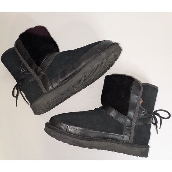 UGG Women's 10 Classic Leopard Lined Bow Black Suede Boots Animal Print 1105354 - Picture 5 of 14